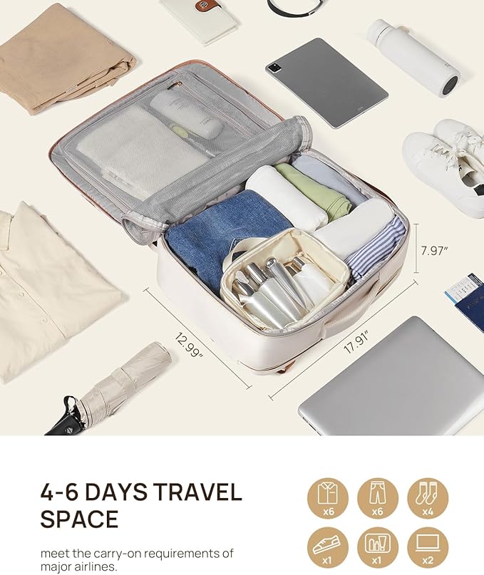 Telena Travel Backpack for Women, 17.3 inch Laptop TSA Carry On Personal Item Size Flight Approved Travel Bag Daypack with Multi-Pockets for Work, Travel, Business, Beige-Brown