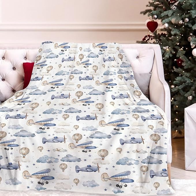 Unisex Plane Hot Air Balloons Transportation Theme Baby Nursery Throw Gift Blanket for Boys Girls, Aircraft Clouds Stars Pattern Swaddle Receiving Bed Blanket for Newborn Toddlers Kids-60x80