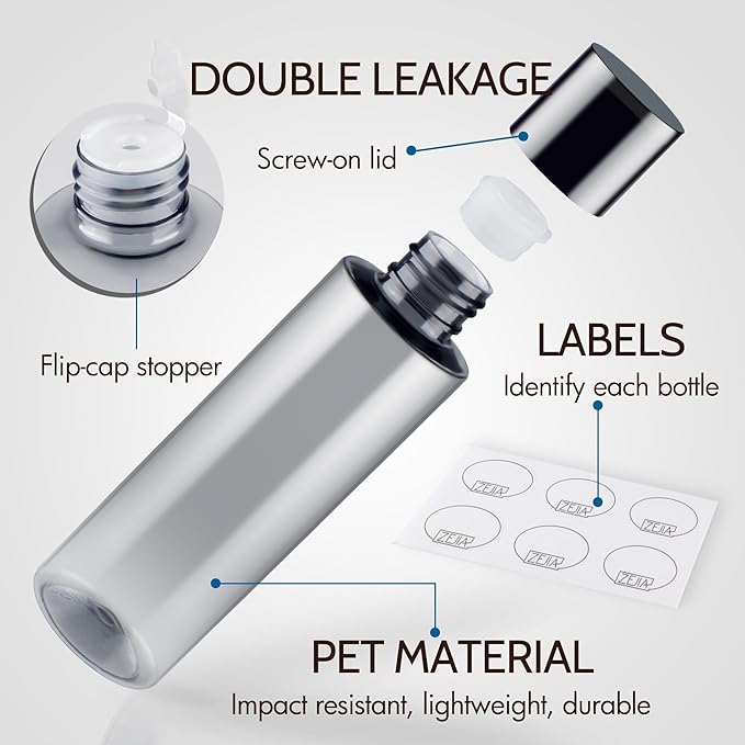 ZEJIA 200ML/6.8OZ Travel Size Toiletries, 3 Pack Travel Size Containers, Leak Proof Plastic Bottles for Shampoo, Lotion, Body Wash with 6pcs Labels