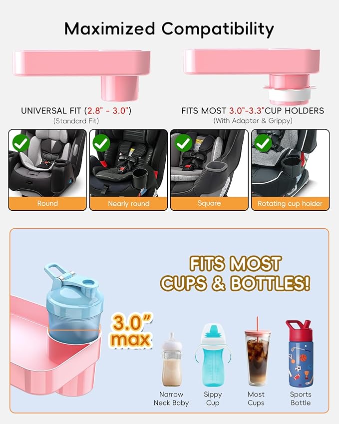 Toddler Car Seat Snack Tray - 3 Inch Cup Holder with Dip Well Fits Most Sippy Cups & Straw Bottles, Mess-Free Square Kids Travel Tray Road Trip Essentials, Pink