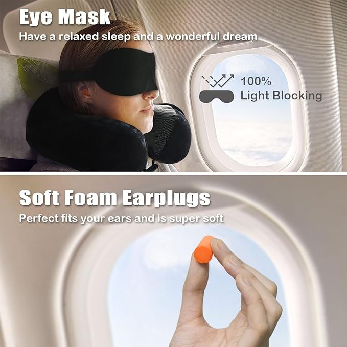 Airplane Travel Neck Pillow, 100% Memory Foam Ergonomic Neck Support, Airplanes Neck Pillow with Washable Cover Travel Essential for Flight & Office Include Eye Mask, Earplugs & Carry Bag (Black)