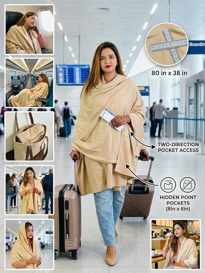 Wayfarer Shawl with Pouch | Voyagers Comfort Set with Luxury Travel Scarf, Eye Mask, Satin Scrunchies & Travel Pouch
