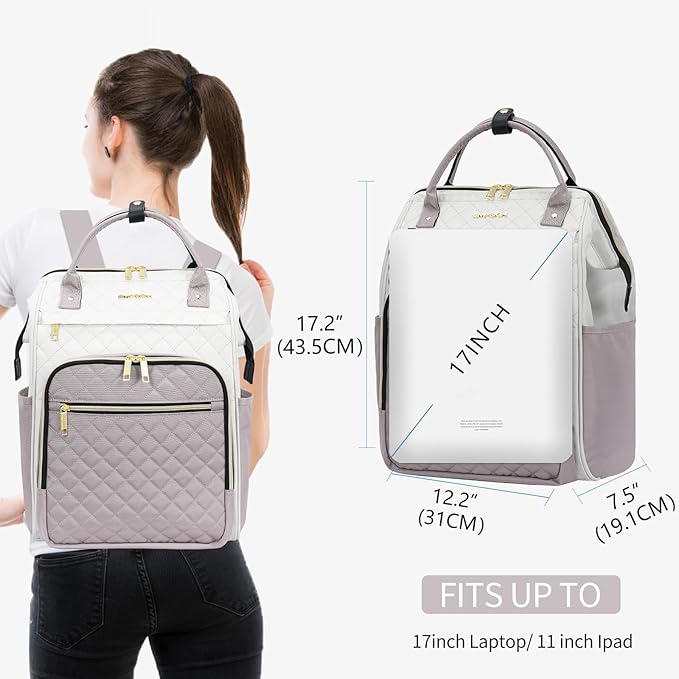 EMPSIGN 17 Inch Laptop Backpack for Women, Work Business Travel Computer College Bags, Large Capacity Water-repellent Quilted Casual Daypack, Beige-Dusty Pink