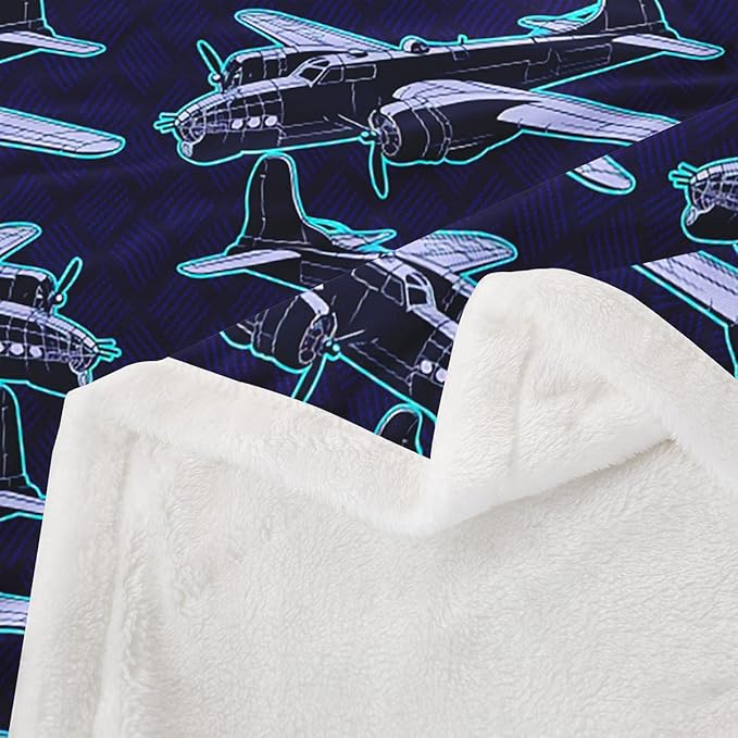 Cartoon Airplane Kids Throw Blanket,American Aircraft Toddler Bed Blanket for Girls Boys Adults,Hand-Painted Air Plane Fleece Blanket,Dark Blue Chic Fuzzy Blanket,40 x 50 Inches
