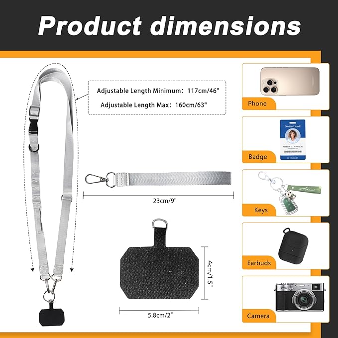 Detachable Phone Lanyard for Women Multifunctional Adjustable Phone Strap Crossbody Anti Theft with Tether Tabs for Cell Phone, ID Badge, Camera, Travel Essentials - Grey