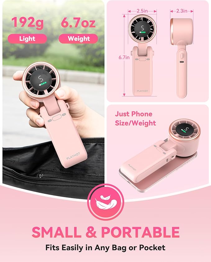 PlayHot Portable Handheld Turbo Fan, 5-Speed Personal Fans, 5000mAh Rechargeable Fans Up to 12 Hours, Weight only 0.6lb Small Fan, Hand/Neck/Desk Fan 3 IN 1, Beach Vacation Essentials(Pink)