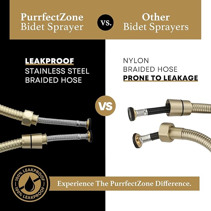 Purrfectzone Bidet Sprayer for Toilet, Bidet Sprayer for Feminine Wash, Premium Stainless Steel Jet Spray for Toilet, Wall-Mounted or Toilet Tank Mounted - Brushed Gold