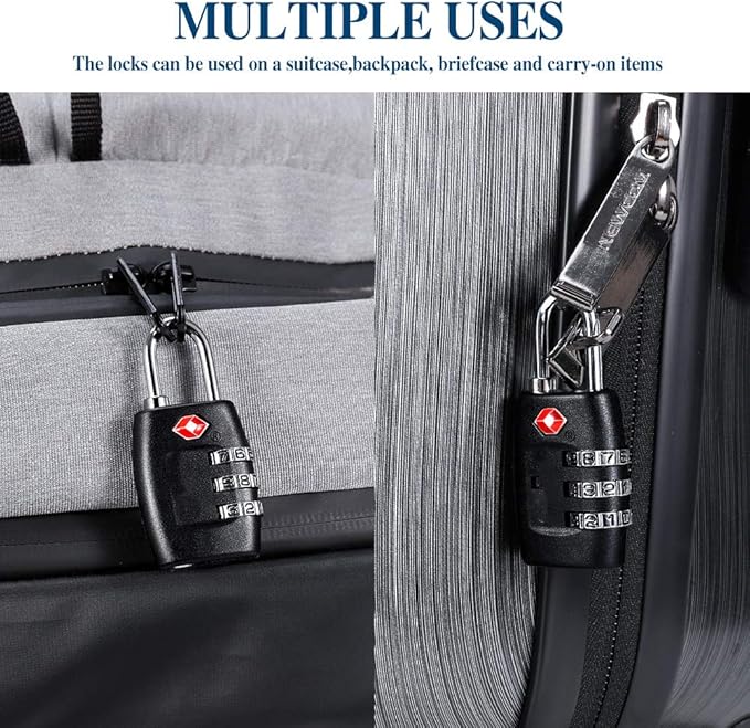 TSA Luggage Locks (4Pack) - 3 Digit Combination Padlocks - Approved Travel Lock for Suitcases & Baggage (Black)