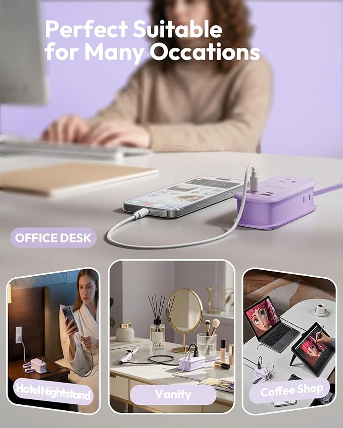 NTONPOWER GAN Ultra 65W USB Fast Charging Station, 7 in 1 Travel Power Strip with 3 Outlets 4 USB (2 USB C), Extension Cord 4ft, Cruise Essentials Compatible with MacBook, iPhone,Purple