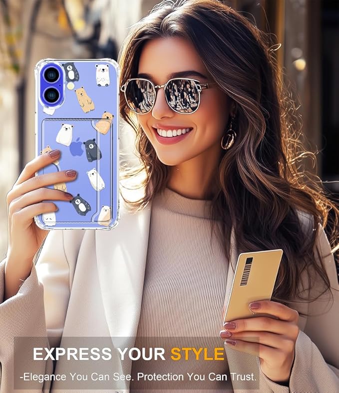 Compatible with iPhone 17 Case Card Holder for Women Cute Design,Wallet Phone Cases Transparent Cool Kawaii Protective (Clear Lovely Bears Funny)