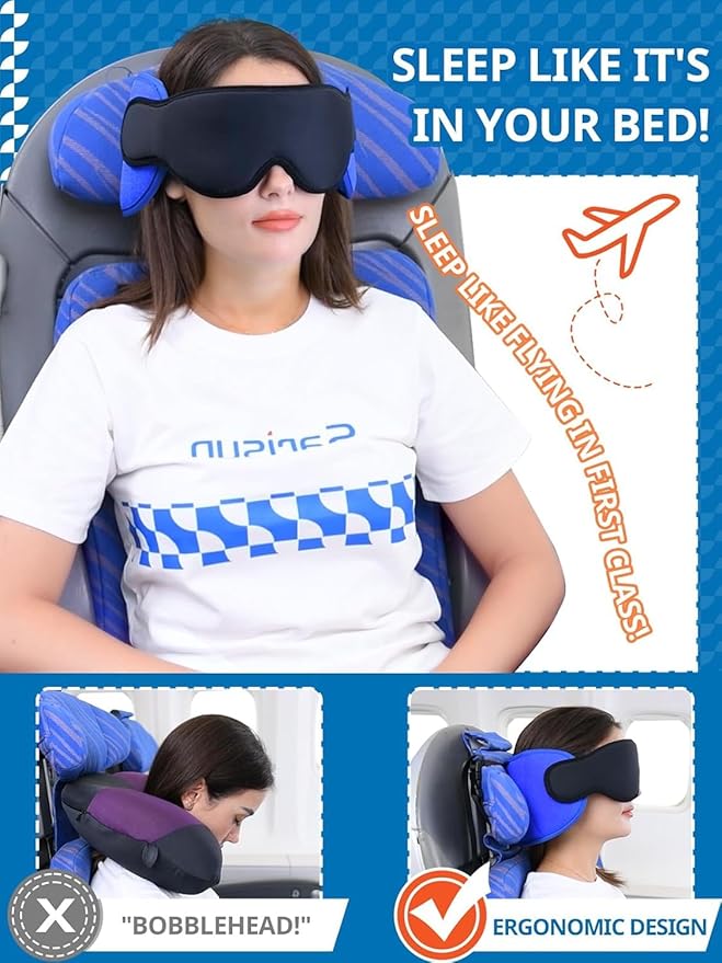 SARISUN Travel Pillows for Airplanes, Airplane Pillow with Sleeping Eye Mask, Travel Neck Pillow for Car, Road Trip Car Headrest, 2-Pack Airplane Travel Essentials, Black and Mottled Blue