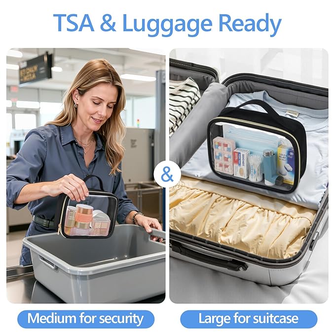 PACKISM Clear Makeup Bag Combo Pack, 1 TSA Approved Medium & Large for Checked Luggage, Clear Toiletry Bag with Handle, Water-resistant Travel Essentials Organizer, Black