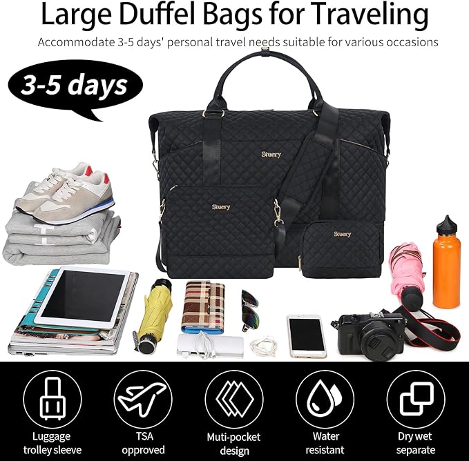 Weekender Bag, Large Travel Duffel Bag for Women, Carry on Overnight Bag with Shoe Compartment and Toiletry Bags
