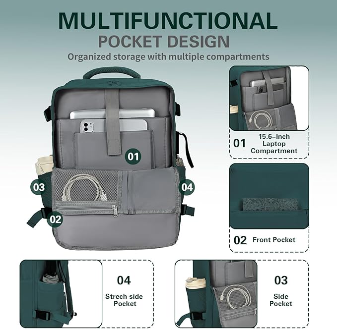 Carry On Backpack for Women & Men – Airline Approved Underseat Size, 15.6" Laptop Compartment, TSA-Friendly 180° Opening, Anti-Theft Business Travel Backpack with Trolley Sleeve (Peacockblue, Large)