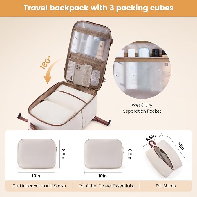 LOVEVOOK 50L Travel Backpack for Women,Carry on Luggage Backpack Flight Approved with 3 Packing Cubes,Waterproof Personal Item Travel Bag fits 17 Inch Laptop,Overnight Weekender Business Daypack
