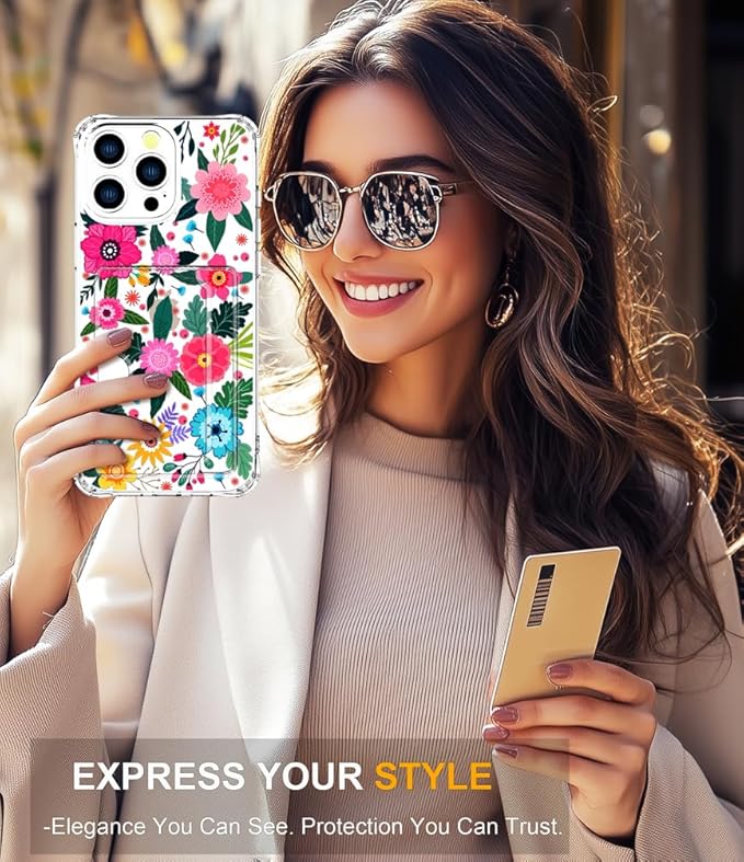 Compatible with iPhone 16 Pro Case Card Holder for Women Cute Design,Wallet Phone Cases Transparent Cool Kawaii Protective (Clear Floral Spring Blossom)