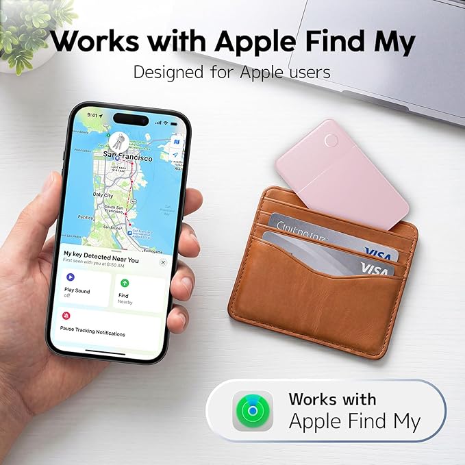 Slim Rechargeable Wallet Tracker Card – Ultra-Thin Item Locator for Wallet, Luggage & Passport, Compatible with iOS (iOS Only) (Pink)