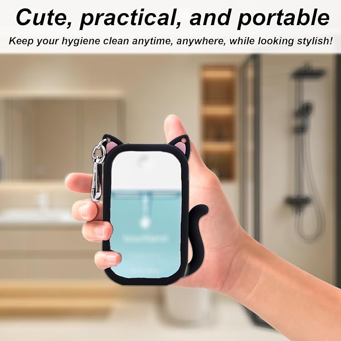 Cat Silicone Case for Touchland Hand Sanitizer Spray 1 fl oz/30ml, Soft & Portable Silicone Protective Holder for Touch Land with Keychain Practical Travel Accessories (Black)