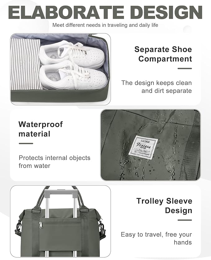 Spirit Travel Duffel - 18x14x8 Inches Weekender Overnight Bag with Shoes Compartment, Trolley Sleeve, Carry On for Airplanes, Sport Tote Gym Bag - Green