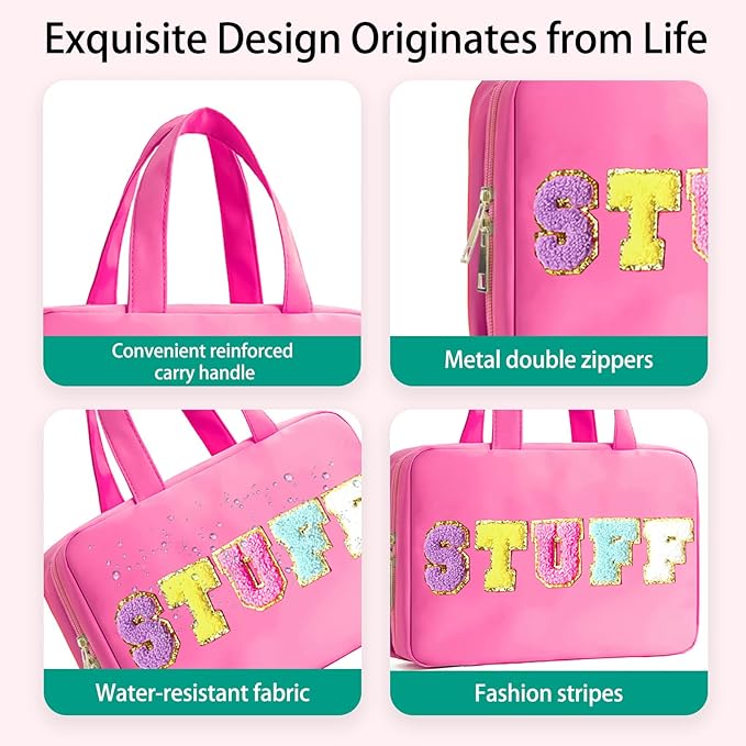 Toiletry Bag with Hanging Hook Chenille Letter Cosmetic Bag Spacious Travel Bag Water-resistant Makeup Bag for Store Toiletries Cosmetic Accessories and Sets for Women Rose Red