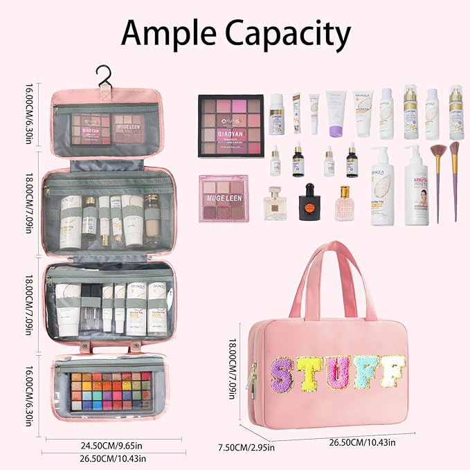 Toiletry Bag for Women Chenille Letter Makeup Bag Water-resistant Cosmetic Bag Travel Bag with Hanging Hook Preppy for Store Toiletries Cosmetic Accessories Medium Light Pink