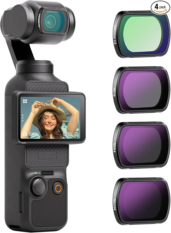 NEEWER Magnetic ND & Black Diffusion 1/4 Effect Filter Kit Compatible with DJI Osmo Pocket 4 & Pocket 3 Creator Combo Accessories, Action Camera 4 Pack Filters, Neutral Density (ND16 ND64 ND256)