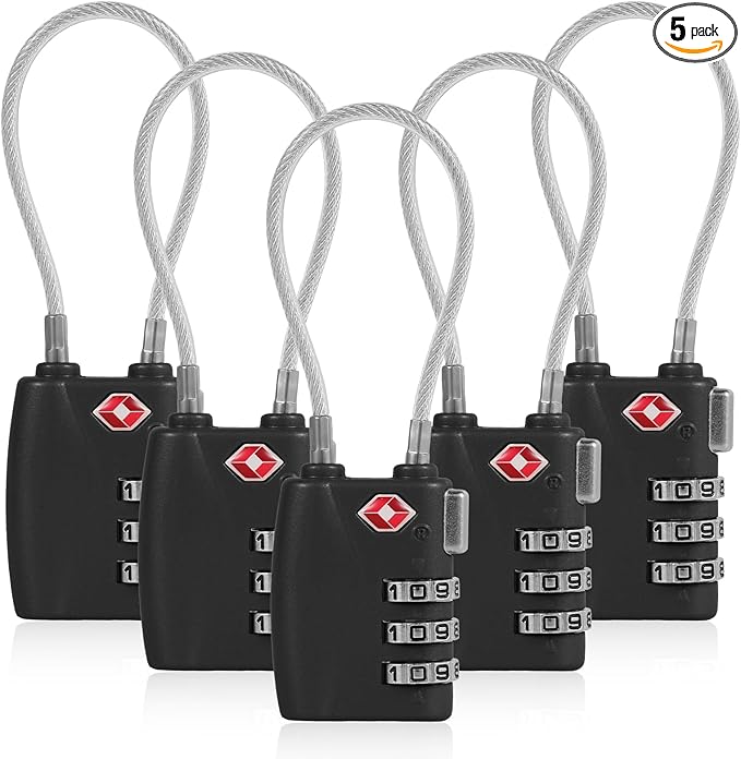 5 Pack TSA Locks for Luggage TSA Approved Luggage Locks 3 Digit Combination TSA Travel Locks Portable Cable Padlocks Zinc Alloy Body Suitcase Locks for Travel Bag Suitcase Backpack Lockers,Black
