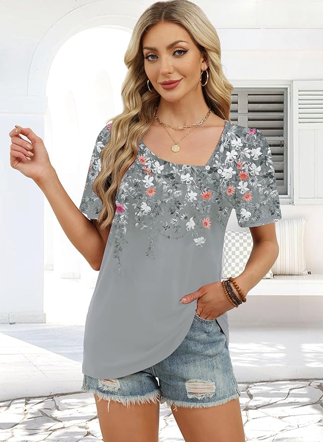 WIHOLL Womens Summer Tops Short Sleeve Shirts Square Neck Spring Outfits 2026 Fashion Clothing Blouses