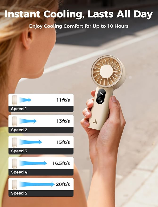 Aecooly Mighty Portable Fan, Powerful Handheld Fan, USB Rechargeable [10H Max Cooling Time], Mini Personal Battery Powered, Pocket for Travel, Summer, Gifts for Women, Girls -Beige