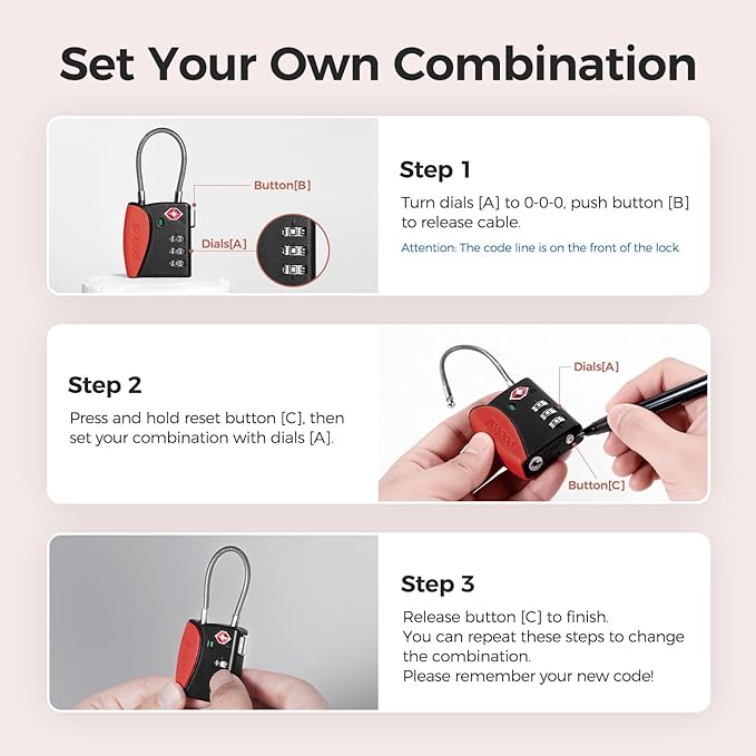 pack all TSA Approved Cable Luggage Locks, 3 Digit Combination Padlocks, Travel Lock for Suitcases & Bag, Alloy Body, Travel Accessories (4 Pack)（Red）