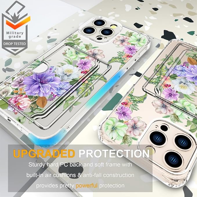 Compatible with iPhone 16 Pro Case Card Holder for Women Cute Design,Wallet Phone Cases Transparent Cool Kawaii Protective (Clear Impressive Flowers)