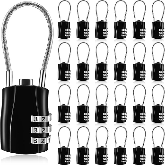 Tandefio 24 Pcs TSA Approved Luggage Lock with Zinc Alloy Body Travel 3 Digit Combination Baggage Suitcase Backpack Lock Keyless Resettable Cable Padlocks for School Gym Locker, Black