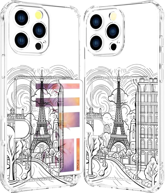 Compatible with iPhone 16 Pro Case Card Holder for Women Cute Design,Wallet Phone Cases Transparent Cool Kawaii Protective (Clear Paris City Eiffel Tower)