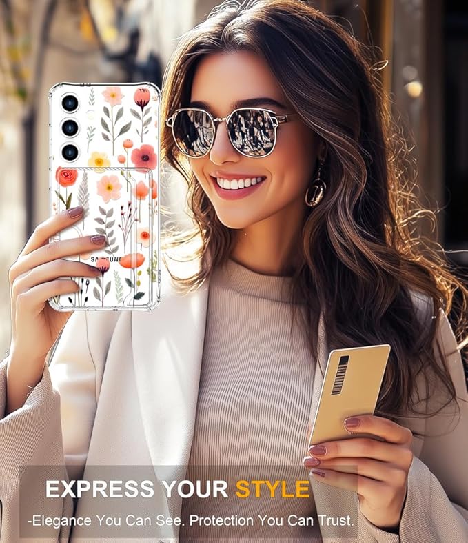 Compatible with Samsung Galaxy S24+ Plus / S25+ Plus Case Card Holder for Women Cute Design,Wallet Phone Cases Transparent Cool Kawaii Protective (Clear Flowers Leaves)