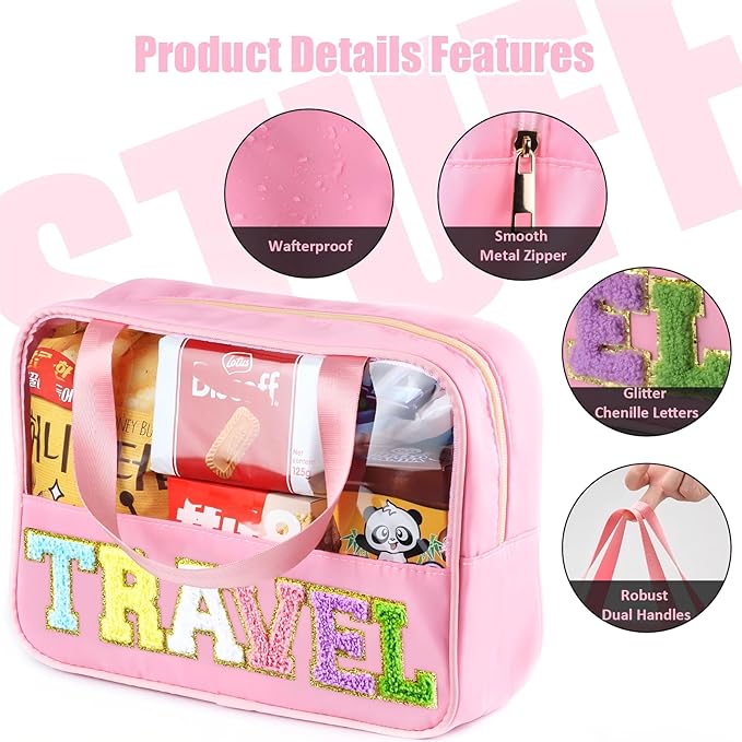 BuyCard Chenille Letter Patch Clear Travel Bags, Preppy PVC&Nylon Makeup Bag with Handle and Zipper, Waterproof Large Clear Travel Toiletry Bag Storage Bag for Women Girls