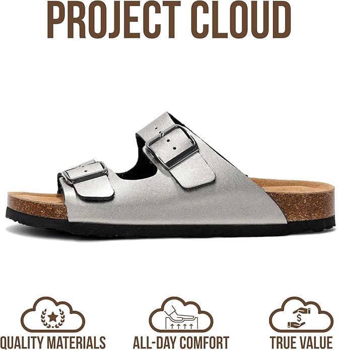 Project Cloud 100% Genuine Leather Flat Sandals For Women 2026 Cork Footbed Womens Sandals with Memory Foam and arch support Vacation Essentials Slides for Women Footwear (Venita)