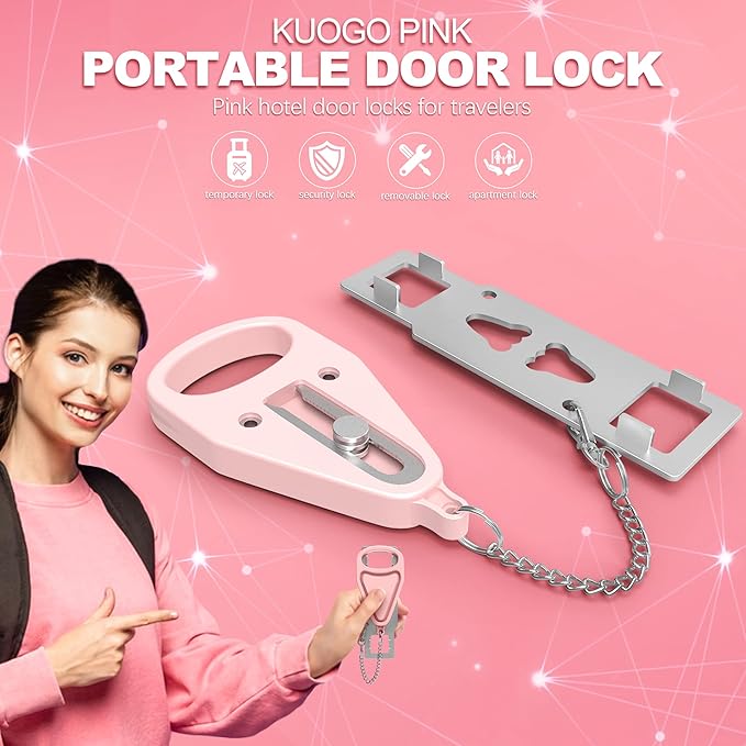 Portable Door Lock for Home Hotel Safety, Door Latch Security Lock for Additional Privacy and Safety in Hotel, Apartment,and College Prevent Unauthorized Enty, Pink 2 Pieces