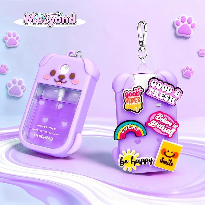 Metyond Dog Silicone Case for Touchland Hand Sanitizer Spray Power Mist 1 FL OZ/30ML for Touchland Case with Keychain, with Cute Charms Accessory Cute Travel Case (1PCS Purple)
