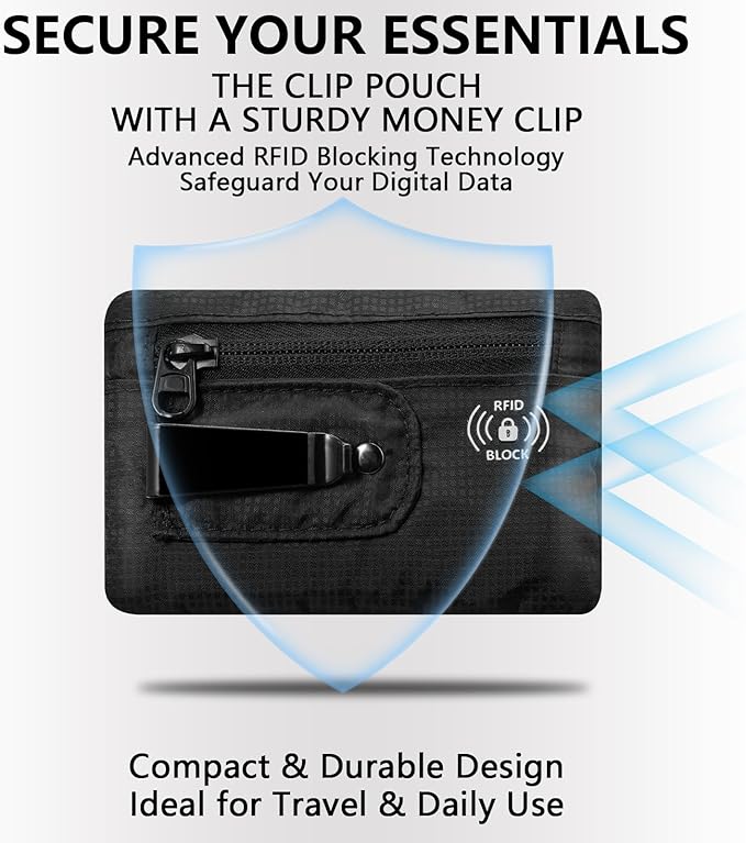 KOSMCCO RFID Blocking Clip Stash Pocket, Compact Hidden Travel Belt Wallet for Cards & Cash - Slim Pickpocket-Proof Design for Everyday Carry (Black, Medium)