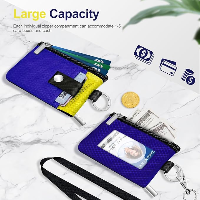 Minimalist RFID Blocking Small Wallet with ID Window,WaterResistant Zip Id Case Wallet with Lanyard Keychain for Cards,Cash,Travel,Women,Men (Sapphire Blue/Lemon Yellow)