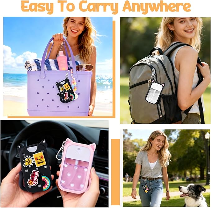 Mity rain Hand Sanitizer Spray Case Compatible With Touchland, Cute Silicone Hand Sanitizer Holder Keychain with 4 Charms, Portable Refillable Sanitizer Accessory, Gift For Women And Teens(Black)