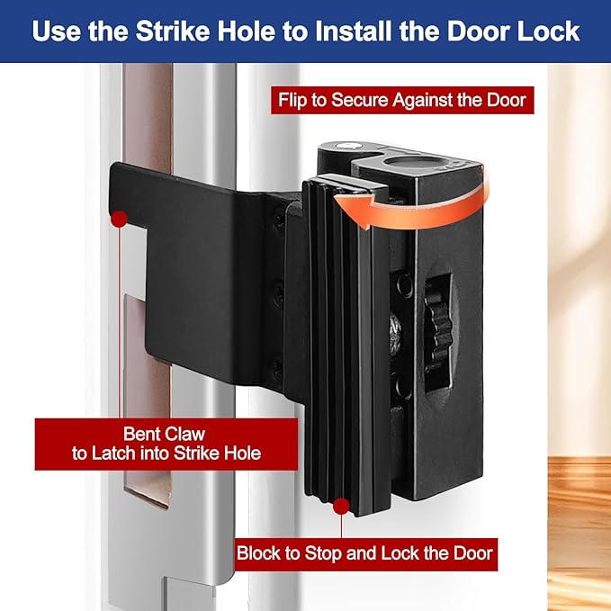 Portable Door Reinforcement Lock, Adjustable Design, Home/Hotel Security Extra Lock, Apartment Bedroom No Drill Flip Lock, Travel Safety Device(Black, 1 Pack)
