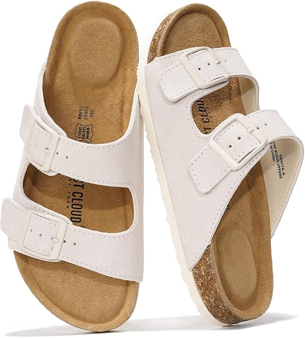 Project Cloud 100% Genuine Leather Flat Sandals For Women 2026 Cork Footbed Womens Sandals with Memory Foam and arch support Vacation Essentials Slides for Women Footwear (Venita)