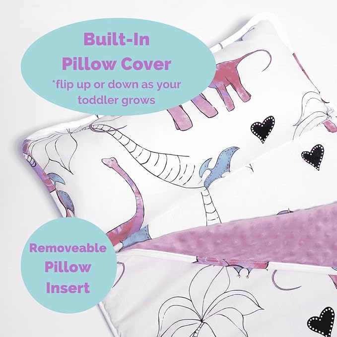 JumpOff Jo Nap Mat for Kids - Cozy Kids Rest Mat with Removable Pillow and Ultra Soft Blanket for Preschool, Daycare, and Sleepovers - Pink Dino