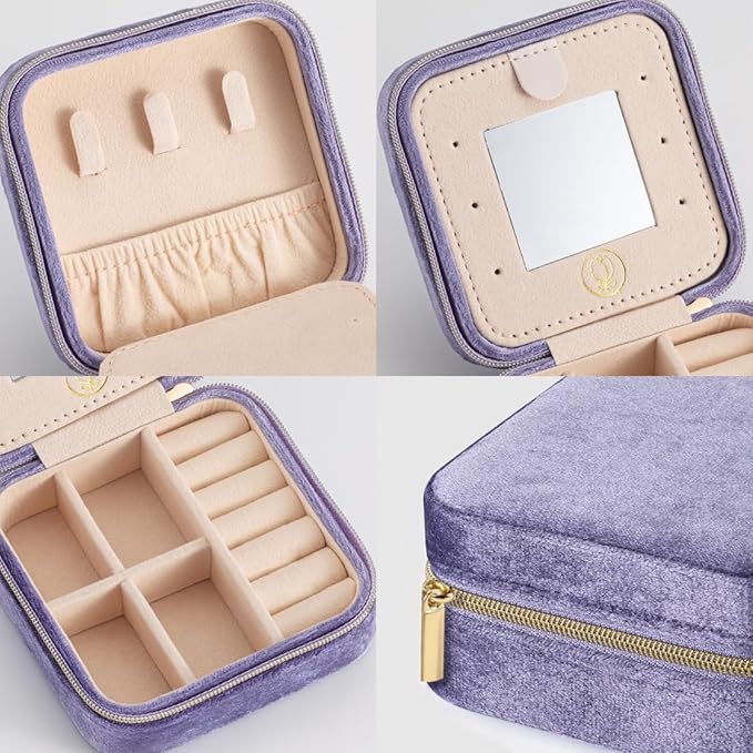 ZPROW Plush Velvet Travel Jewelry Case, Travel Jewelry Organizer, Jewelry Travel Case,Travel Jewelry Box, Small Jewelry Case for Women, Jewelry Travel Box, Earring Organizer with Mirror - Periwinkle