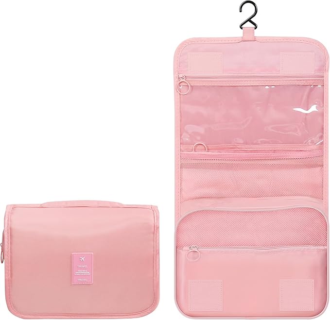 Luxtude Hanging Toiletry Bag for Women with Hanging Hook, Water-resistant Traveling Toiletries Bag, Portable Toiletry Travel Organizer Bag for Toiletries, Shower, Bathroom, Cosmetics Accessories-Pink