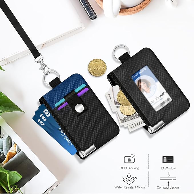 Minimalist RFID Blocking Small Wallet with ID Window,WaterResistant Zip Id Case Wallet with Lanyard Keychain for Cards,Cash,Travel,Women,Men (Black/Electric Blue)