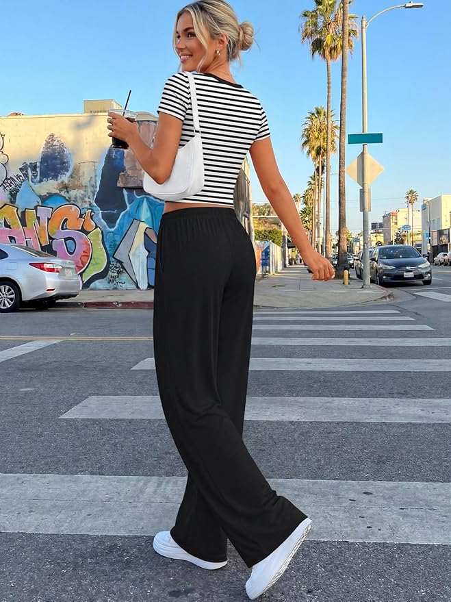 Trendy Queen 2 Piece Matching Summer Lounge Set Womens Side Ruching Top Wide Leg Pants Sets with Pockets