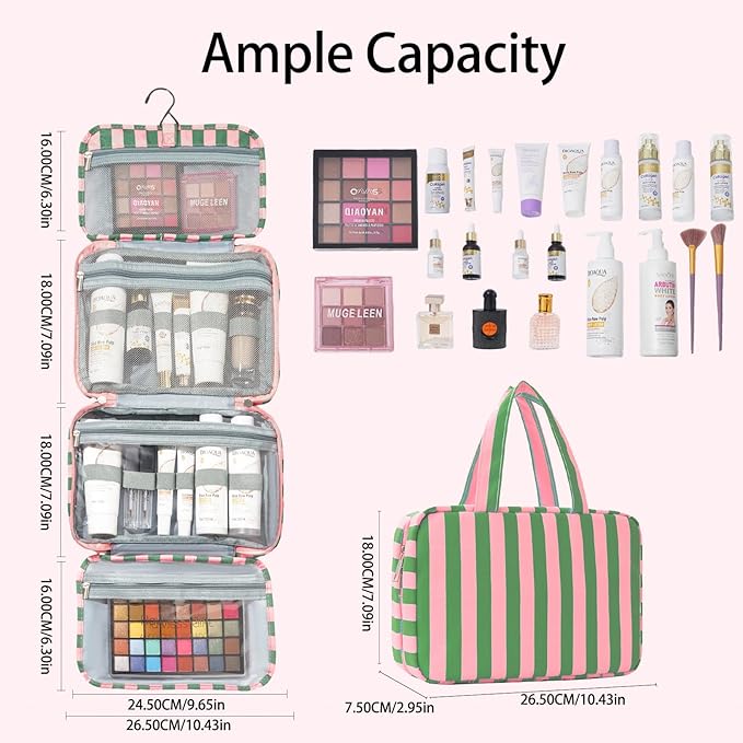 Toiletry Bag for Women Travel Water-resistant Cosmetic Bag Fashion Stripes Makeup Bag with Hanging Hook Preppy for Store Toiletries Cosmetic Accessories Medium Green