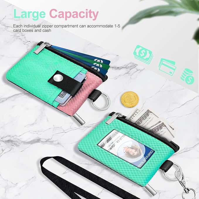 Minimalist RFID Blocking Small Wallet with ID Window,WaterResistant Zip Id Case Wallet with Lanyard Keychain for Cards,Cash,Travel,Women,Men (Mint Green/Pink)